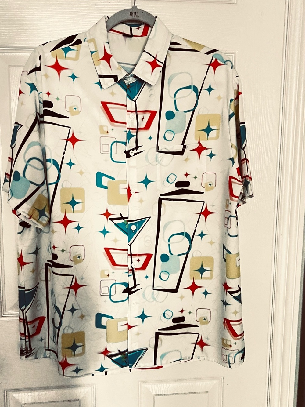 Retro Cocktail Print Button-Up Shirt in Cream, Teal & Red